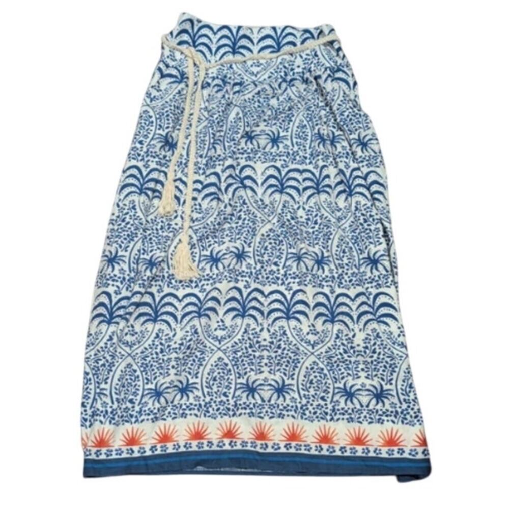 Rachel Zoe Blue/White Palm-Printed Maxi Skirts, Rope Belt with Tassel, Size M